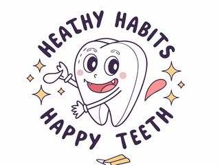 Cute Cartoon Tooth Character Promoting Healthy Habits and Happy Teeth with Sparkles and Dental Floss