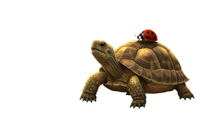 Realistic Tortoise with Ladybug on Shell Isolated Black Background