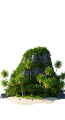 Realistic tropical island mountain with palm trees and sandy beach