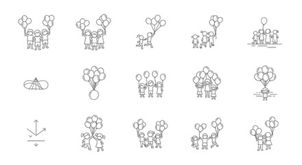 Obraz premium A collection of minimalist line art illustrations depicting various groups of stick figure people holding clusters of balloons, symbolizing celebration, unity, and upward movement.