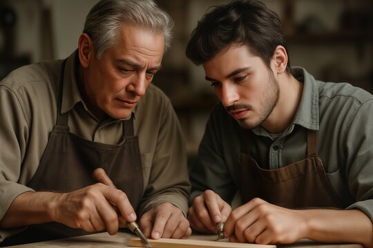 Two craftsmen deeply focused on a woodworking project in a workshop, showcasing artistry and skillful collaboration with natural lighting