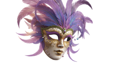 Realistic Venetian Masquerade Mask Purple Feathers Gold Glitter Isolated