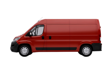 Red commercial cargo van with sliding side door isolated on transparent background