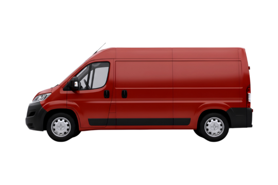 Red commercial cargo van with sliding side door isolated on transparent background