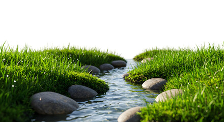Realistic Water Stream Through Green Grass Isolated Background Nature