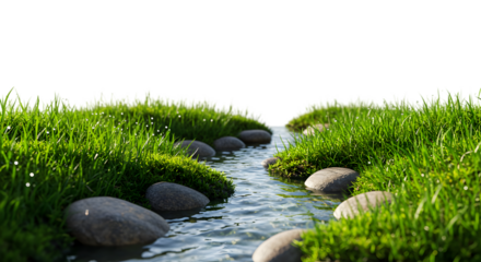 Realistic Water Stream Through Green Grass Isolated Background Nature