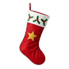 A festive red Christmas stocking with a yellow star and holly leaves, ready for holiday treats and gifts