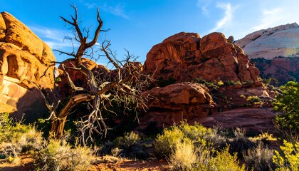 Desert landscape with dead tree and red rock formations