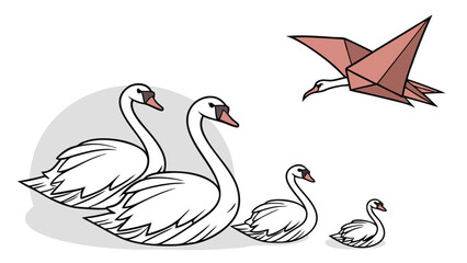 Fototapeta premium Elegant Swans and Origami Bird Family Illustration Perfect for Childrens Books Greeting Cards and Nature-Themed Designs.