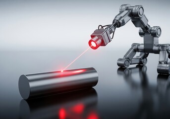 Mechanical scanning robot projecting red beam across static object with polished clean floor in open neutral background emphasizing analysis precision