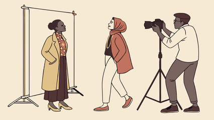 Fashion photoshoot models posing photographer taking pictures studio backdrop diverse models stylish clothing photography session professional photography camera equipment behind the sce.