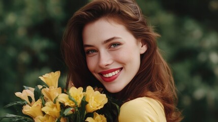 Naklejka premium Portrait of a young woman with long red hair and red lipstick. she is smiling and looking directly at the camera.