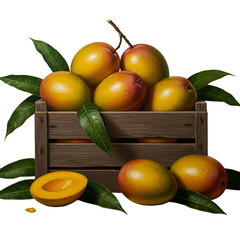Realistic Wooden Crate Full Of Ripe Mangoes With Green Leaves