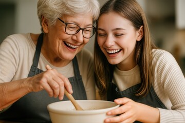 Grandmother and granddaughter happily preparing a recipe together in the kitchen, sharing a moment of warmth and joy with a focus on family bonding