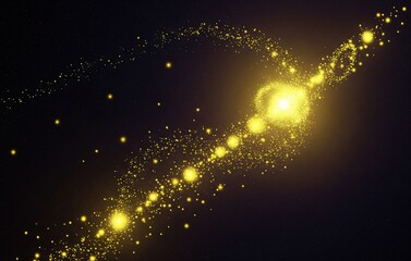 Vibrant glowing yellow cosmic particles illuminating darkness in mystical pattern creating deep atmospheric visual with radiant highlights and subtle energy