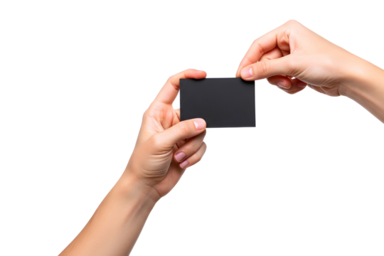 Two hands holding a blank black business card isolated on transparent background