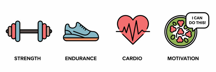 Minimalist vector icons of fitness goals: strength, endurance, cardio, diet, motivation