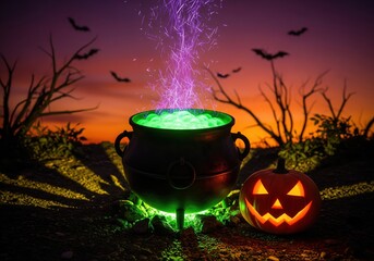 Glowing cauldron bubbling with magic sparks under night sky with bats flying nearby and pumpkin glowing in festive Halloween scene
