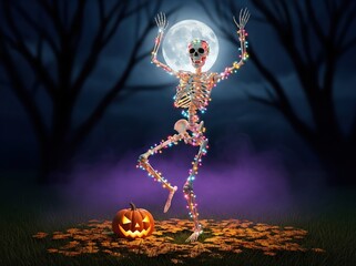 Dancing glowing skeleton in night with pumpkin at feet under full moon surrounded by colorful mist and golden autumn leaves