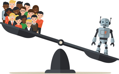 The concept of technology's superiority over human labor. A single robot on a scale outweighs a crowd of people, symbolizing layoffs, automation, AI efficiency, and job cuts.