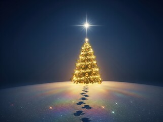 Snowy hill glows with shining decorated tree beneath star, sparkling rainbow snow crystals reflecting midnight blue sky, footprints leading toward holiday serenity