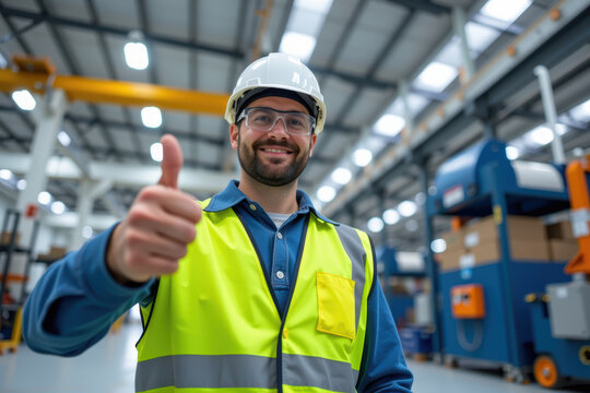 Smiling worker safety gear warehouse industry thumbs up positive approval success