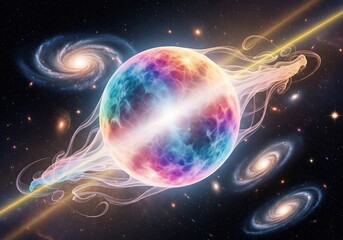 Weightless vapor sphere expands gracefully in zero gravity as cosmic light refracts across its glowing dreamlike surface forming futuristic surreal imagery