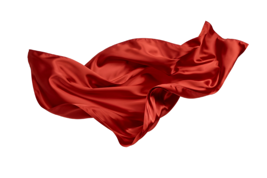 Flowing red fabric draped and folded in elegant curves isolated on transparent background