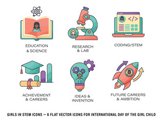 Girls in STEM Icons — 6 Flat Vector Icons for International Day of the Girl Child