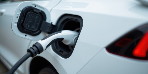Naklejka premium Close up electric car charging port with cable plugged in, white vehicle, modern technology, eco friendly transport