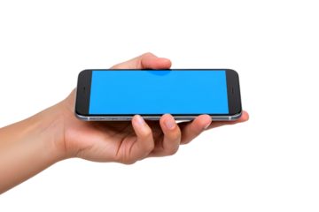 Hand holding a modern smartphone with a blank blue screen in landscape orientation isolated on transparent background