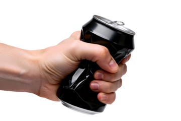 Hand crushing a dark colored beverage can with force isolated on transparent background