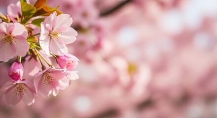 Delicate Pink Cherry Blossoms Bloom in Spring Sunlight