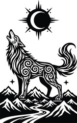 A black vector illustration of a lion and wolf with tattoo inspired animal silhouettes for design