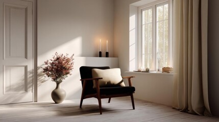 Modern living room with a large window on the right side. the window is covered with beige curtains and has a view of trees outside.