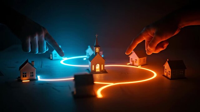 Hands connecting glowing light trails between a small church model and houses, representing community outreach and spiritual connection footage