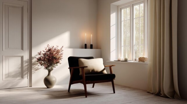 Fototapeta Modern living room with a large window on the right side. the window is covered with beige curtains and has a view of trees outside.