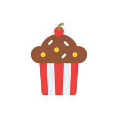 A sweet cupcake with brown frosting and red cherry on top with red and white striped wrapper on a transparent background