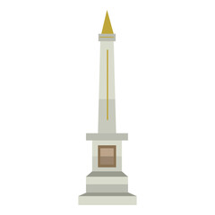 A tall obelisk monument with a golden spire and intricate geometric detailing stands against a clean white background representing a historical landmark