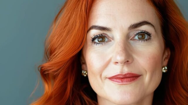 Video of middle age mature older beautiful woman with natural makeup and ginger red hair wearing green clothing.Zoom out slow motion.AI Generative.