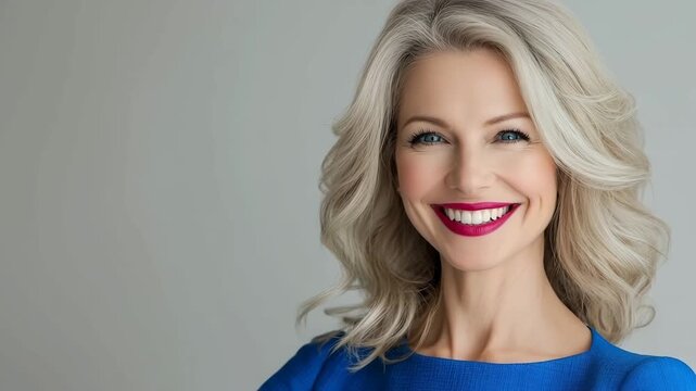 Slow motion video of beautiful middle aged mature woman with gorgeous smile blond grey hair wearing blue dress.Zoom out.AI Generative.