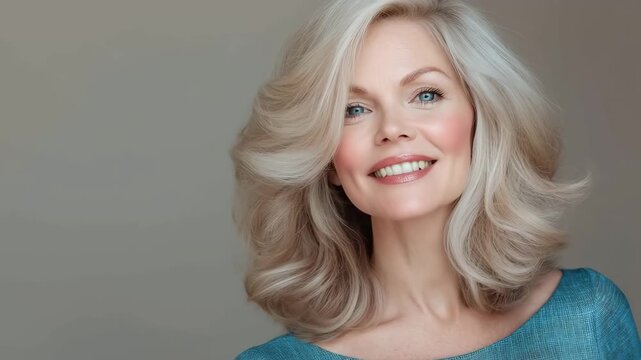 Slow motion video of beautiful middle aged mature woman with gorgeous smile blond grey hair wearing blue dress.Zoom out.AI Generative.