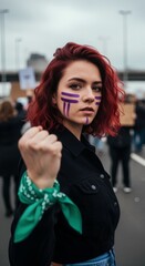 Fototapeta premium A young woman activist with face paint raises her fist at a protest. People marching together during a public demonstration. Social movement and freedom concept