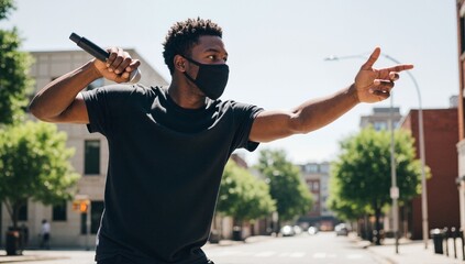 A man with a microphone speaking at a protest on a city street. Young activist leading a public rally. Social movement and freedom concept