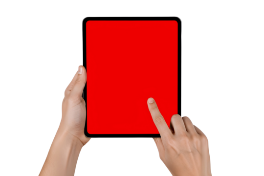 Hands holding a tablet with a bright red screen isolated on transparent background