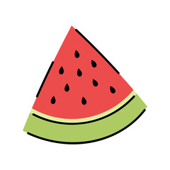 A vibrant red watermelon slice with black seeds and a light green rind rendered in a simple flat doodle art style against a transparent background perfect for summer themed designs