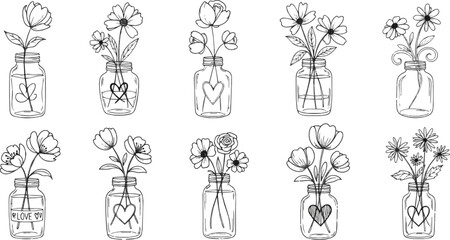 Isolated a kinds of deferent lower sketch vector, hand drawn flowers in jar, abstract art, decorative love vector art with white background..