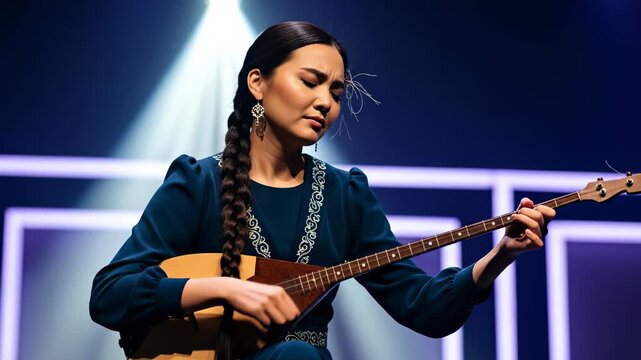 Young central asian artist playing traditional kazakh dombyra with feeling under spotlight