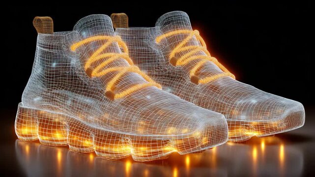 Modern footwear innovation with futuristic LED shoes and a complex wireframe design.