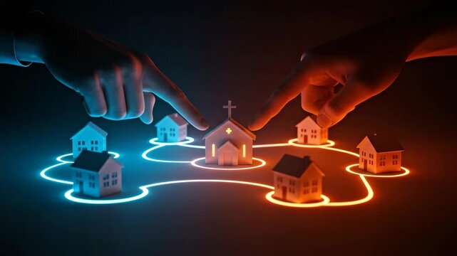 Hands connecting a church and home network, showing community and outreach in the digital age, abstract animation.